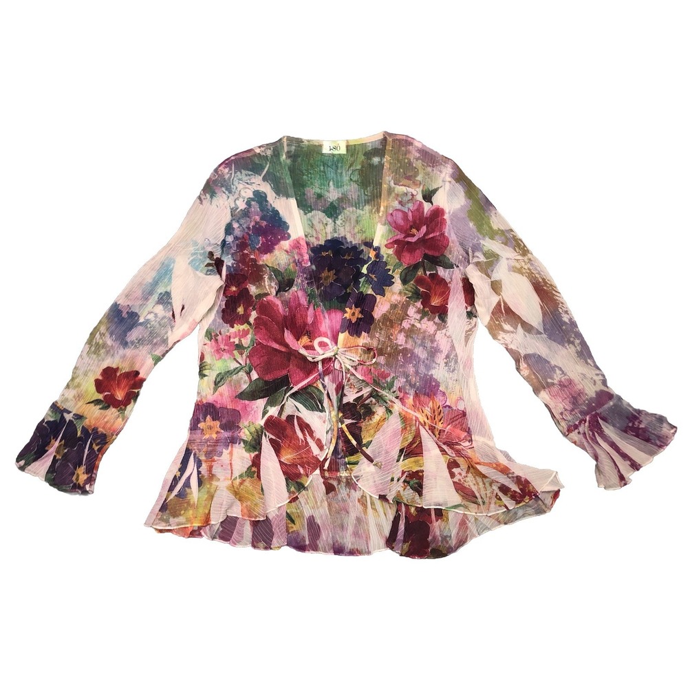 180 Degrees Blouse Women's M Floral Crinkle Tie Front Ruffe Fairy Whimsigoth Y2K - Picture 3 of 8